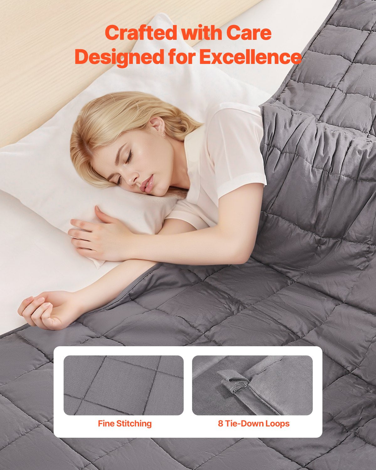 Quilted squares and tie-down loops of the weighted blanket
