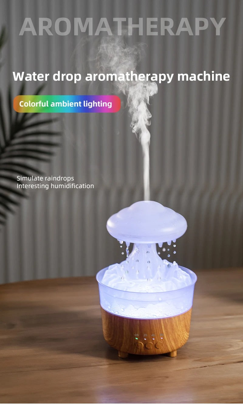 Rain cloud aroma diffuser on a wooden table with mist