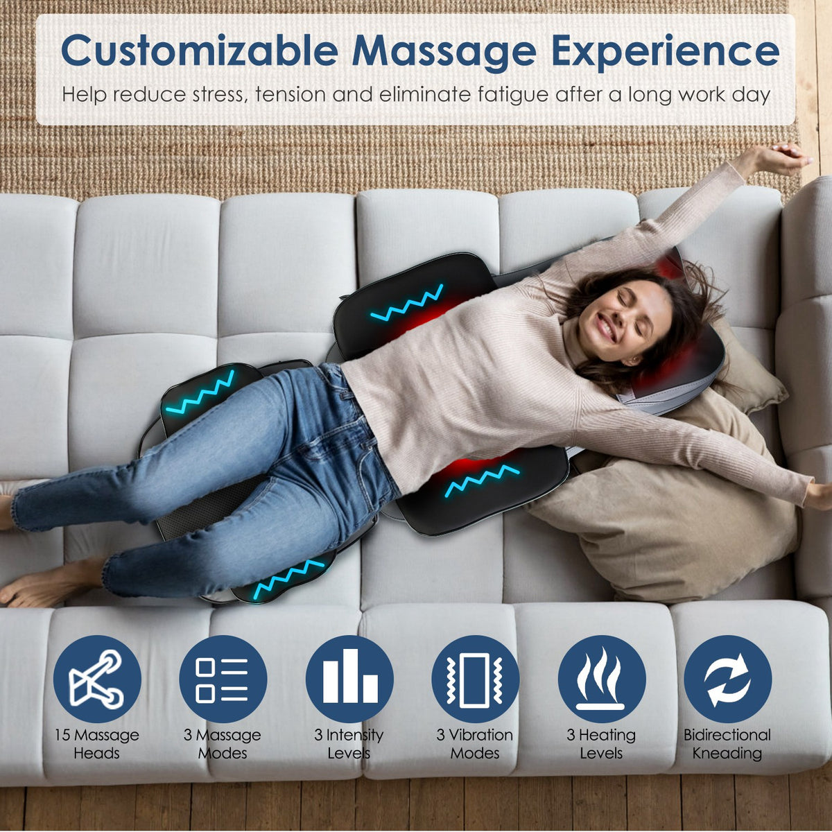 Woman relaxing on the sofa with the massage pad