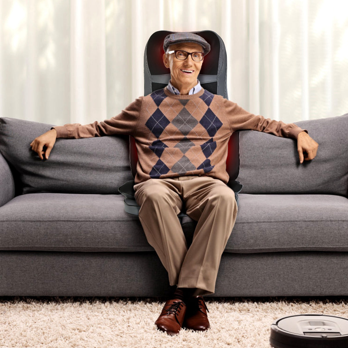 Massage chair pad strapped onto a living room sofa