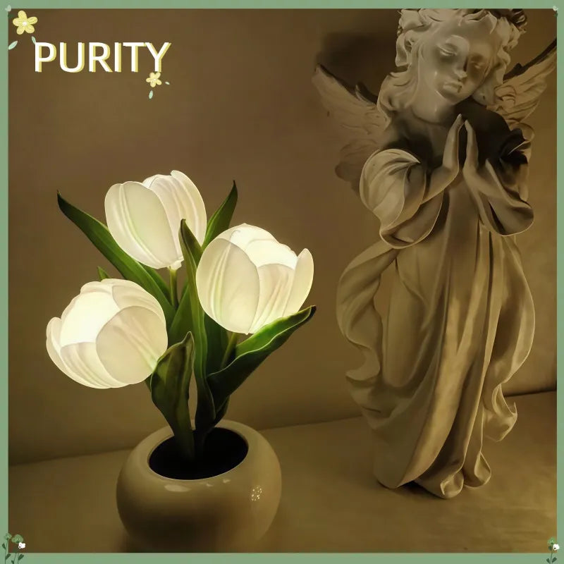 White tulip LED lamp glowing at night