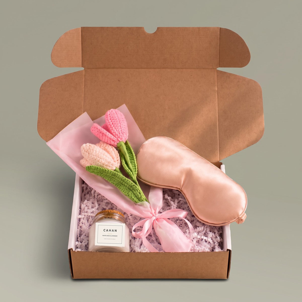 CAHAN Blush Calm gift box with soy candle, crochet tulip bouquet and satin sleep mask