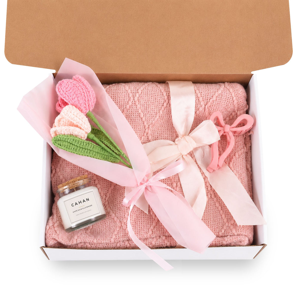 CAHAN Blush & Bloom Gift Box – Soy Candle, Soft Blanket, Crochet Bouquet & Bow Clip