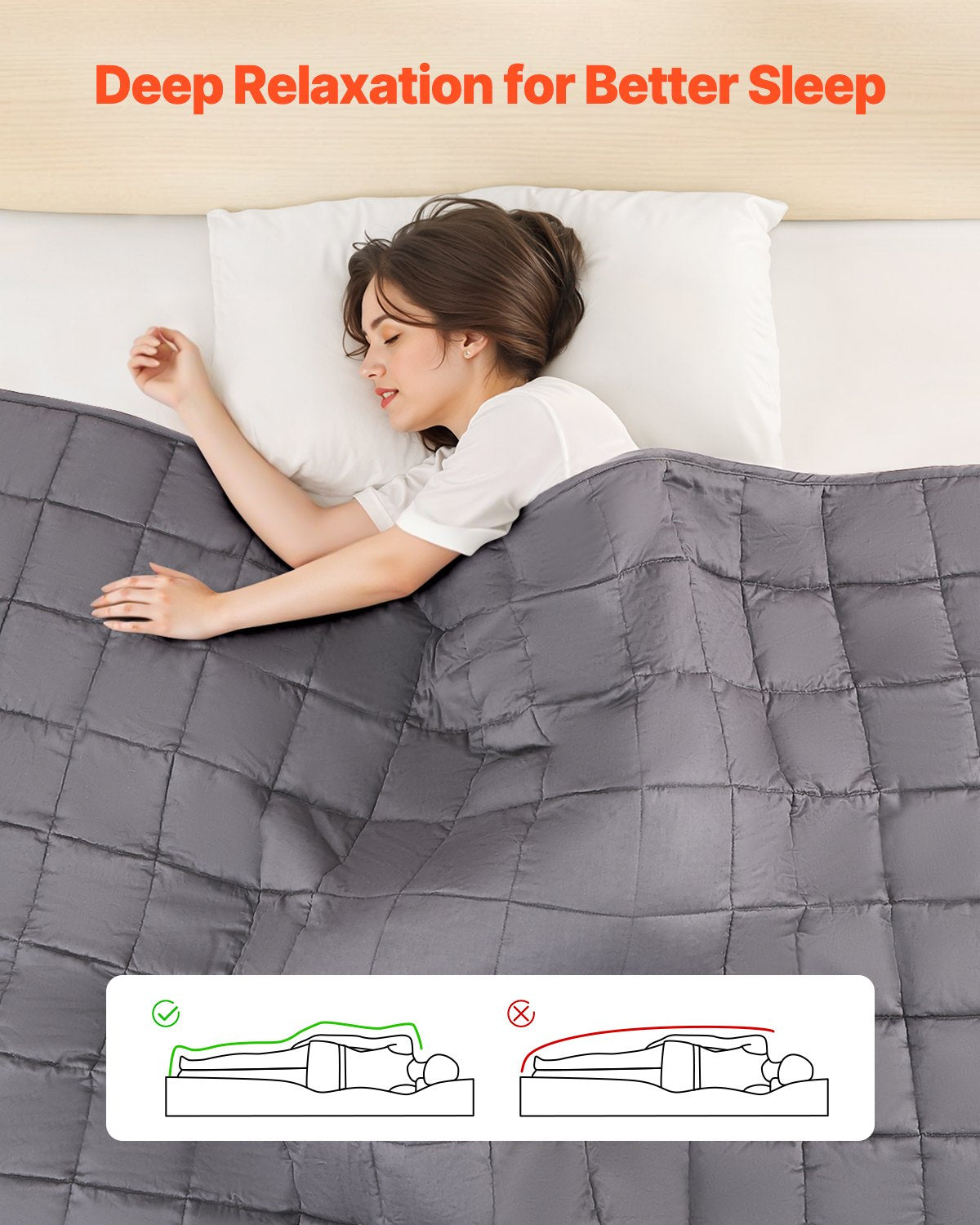Woman sleeping under the grey cotton weighted blanket