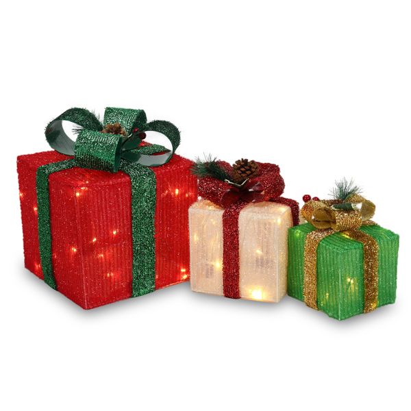 Large, medium and small lighted gift boxes side by side