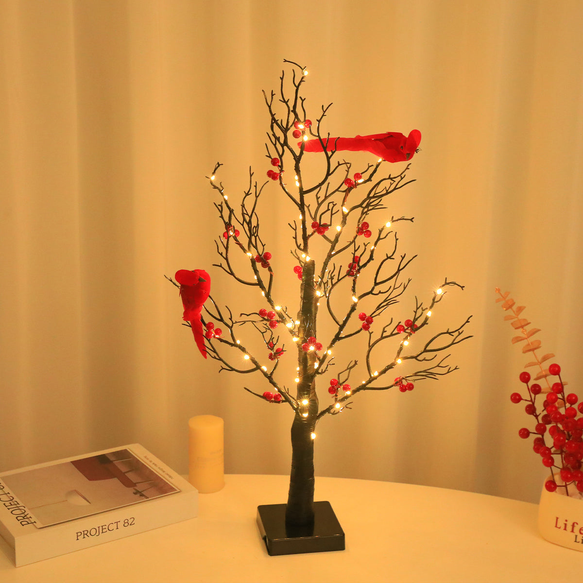 Lighted tabletop berry tree with red cardinals