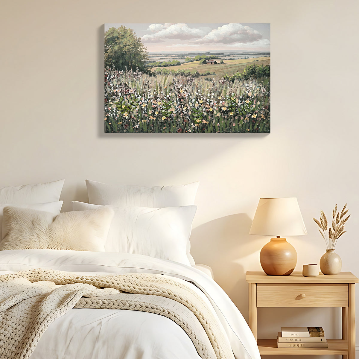 Meadow landscape canvas above a bed