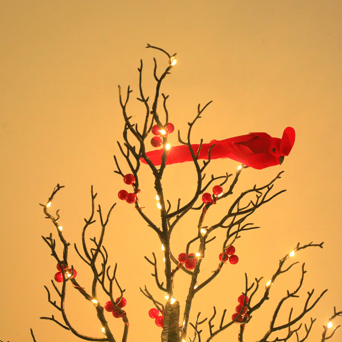 Close-up of cardinal and red berries on lit branches