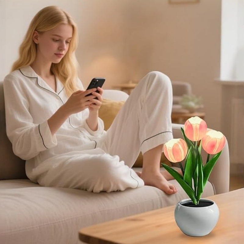 Pink tulip lamp on a coffee table in a cozy living room