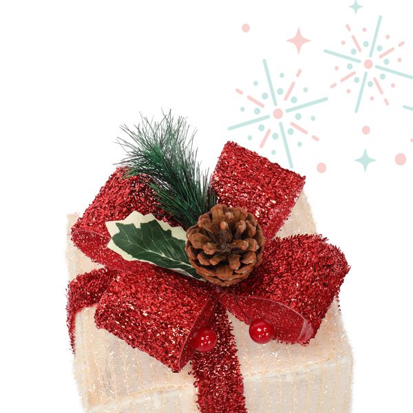 Close-up of the red ribbon bow with pinecone and holly