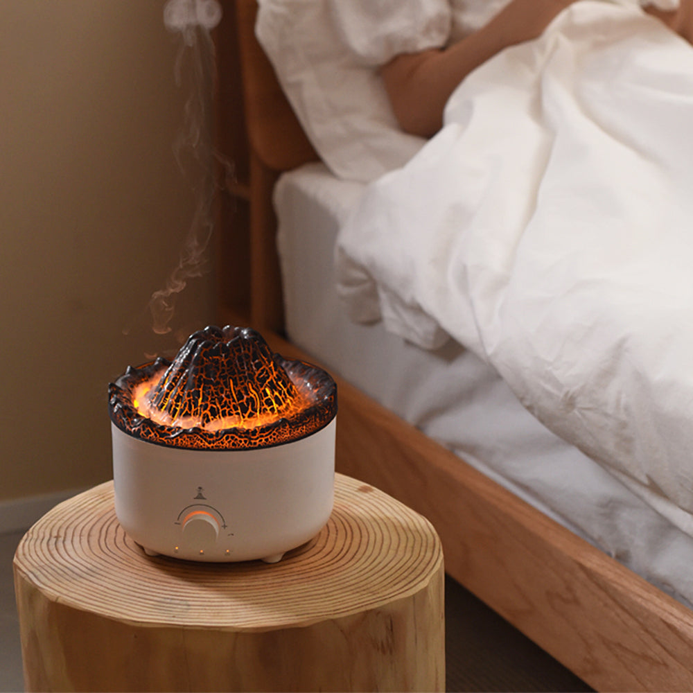 Volcano diffuser on a bedside table