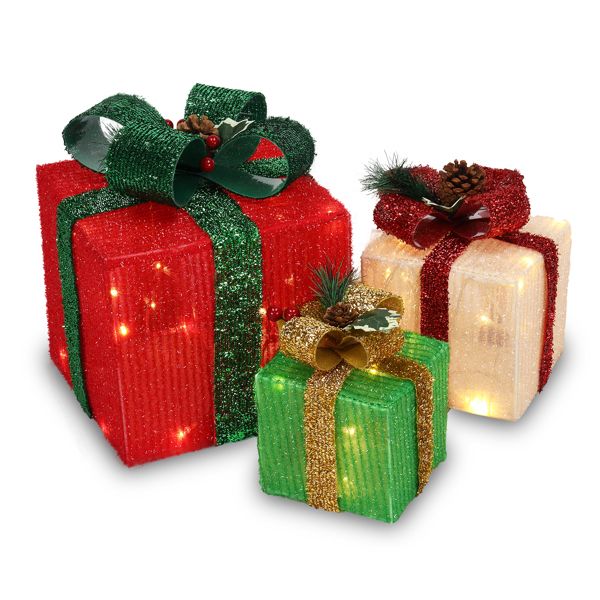 Set of 3 lighted gift boxes in red, cream and green with ribbon bows