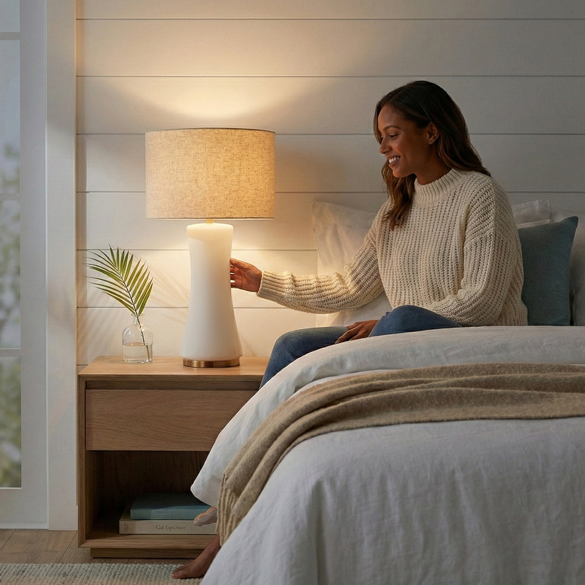 Off-white glass lamp in a cozy bedroom