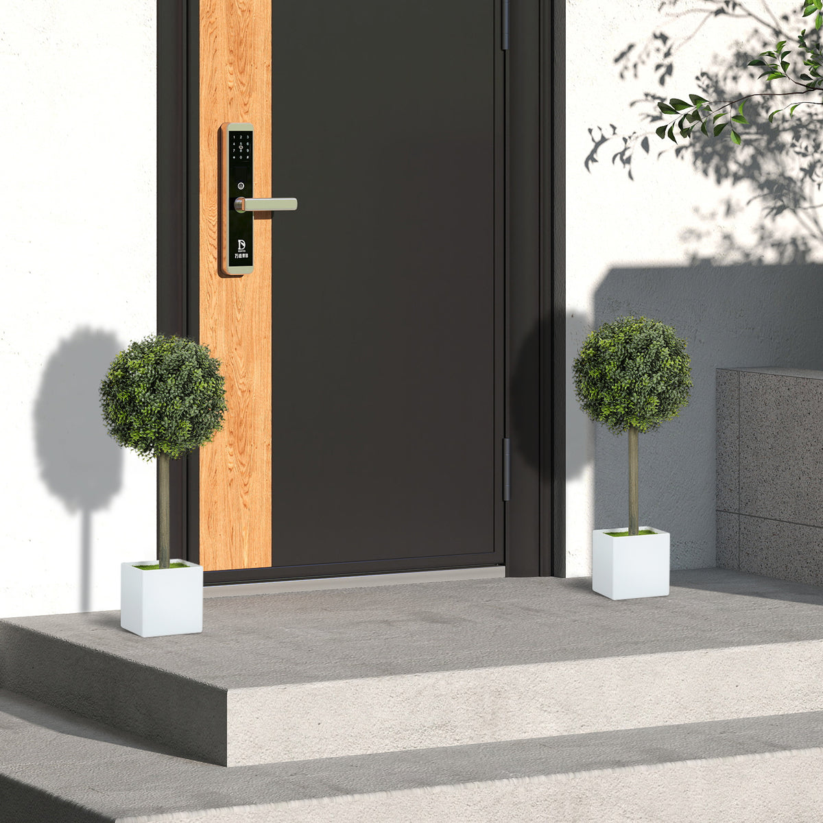 Topiary balls framing a front door