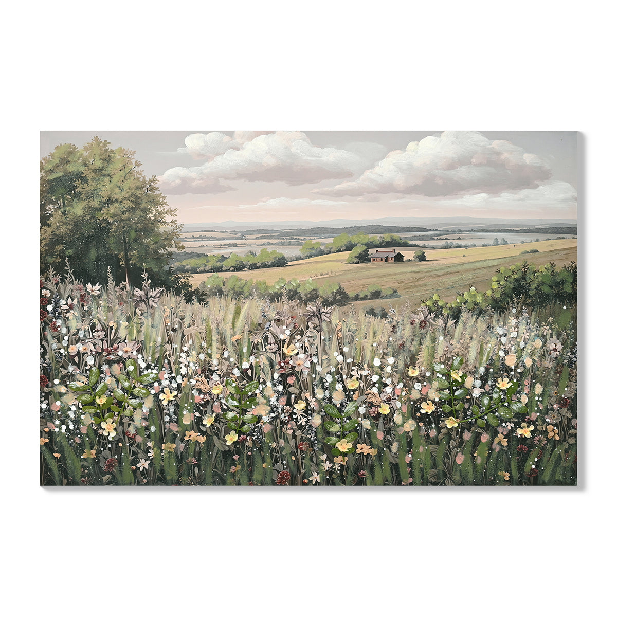 Vintage wildflower meadow canvas art, front view
