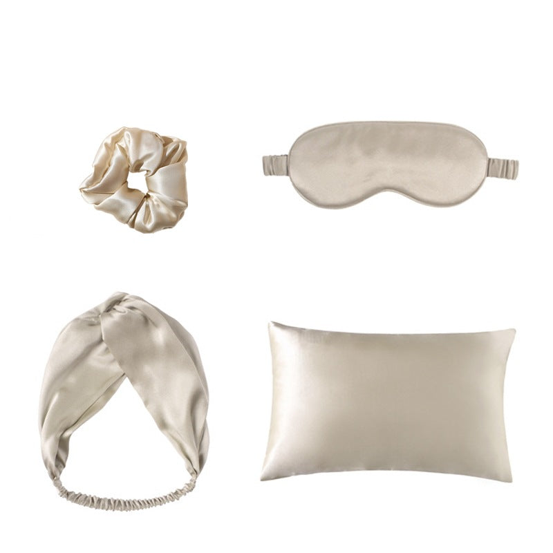Champagne satin sleep set: eye mask, pillowcase, scrunchie and headband