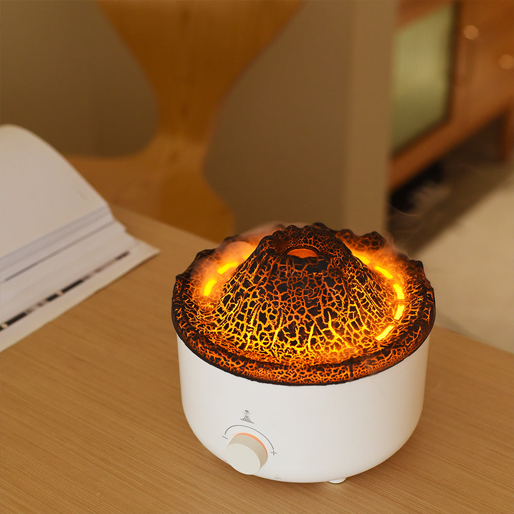 Volcano flame aroma diffuser with warm orange light