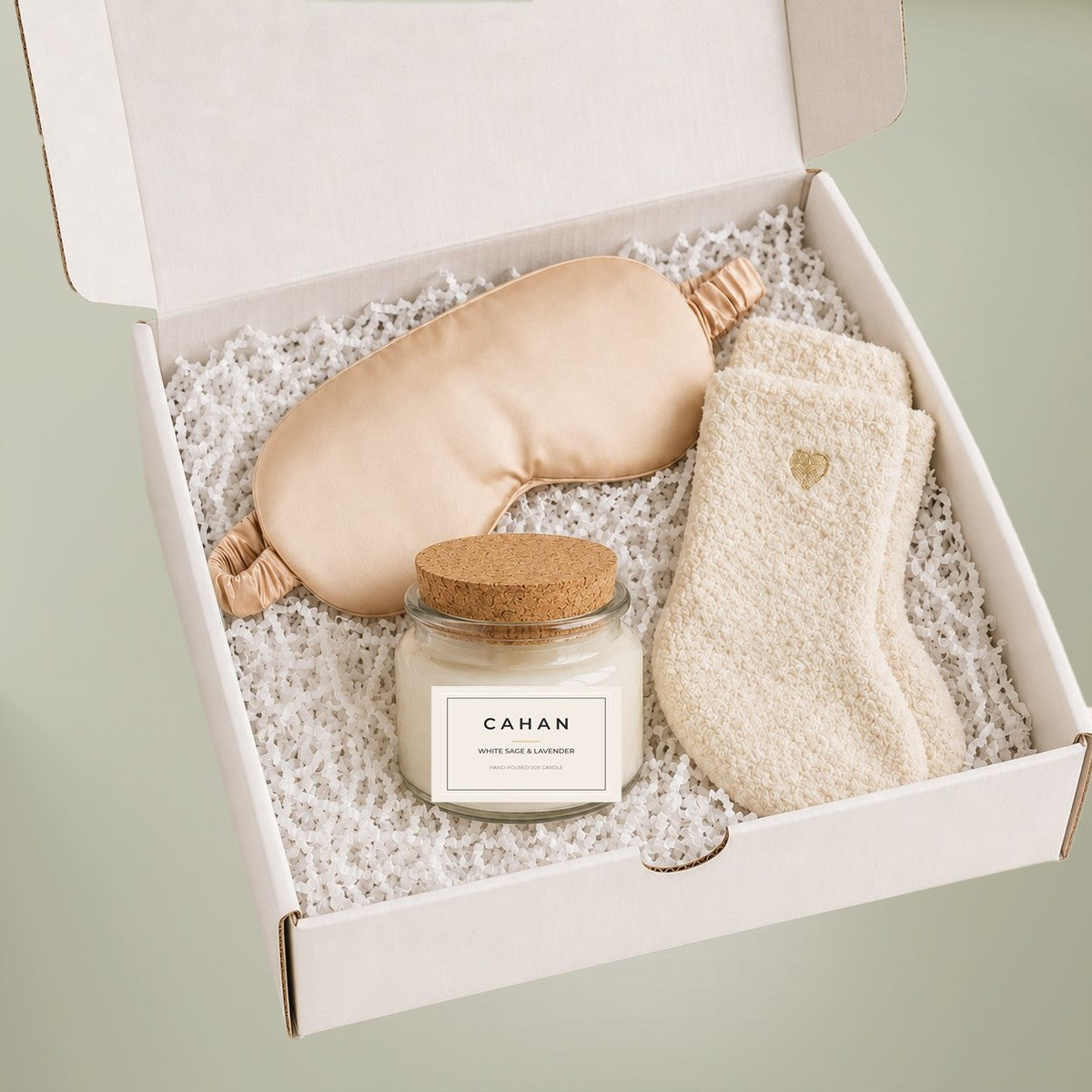 CAHAN Sleep & Unwind gift box with soy candle, satin eye mask and lounge socks