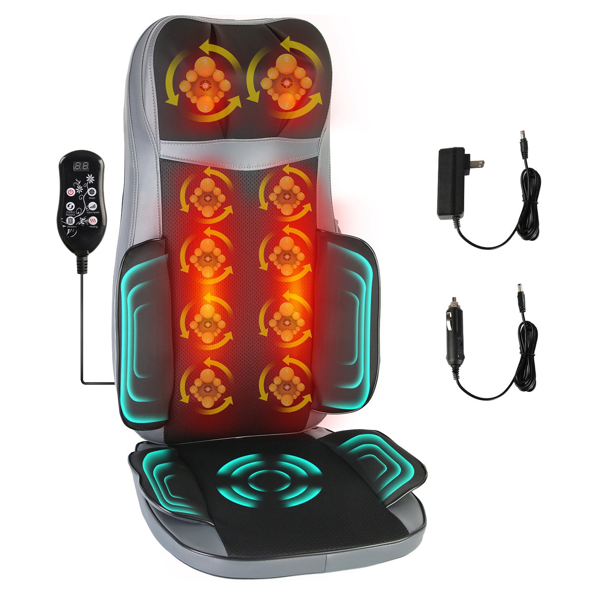 Shiatsu massage chair pad with heated kneading nodes, controller and cables