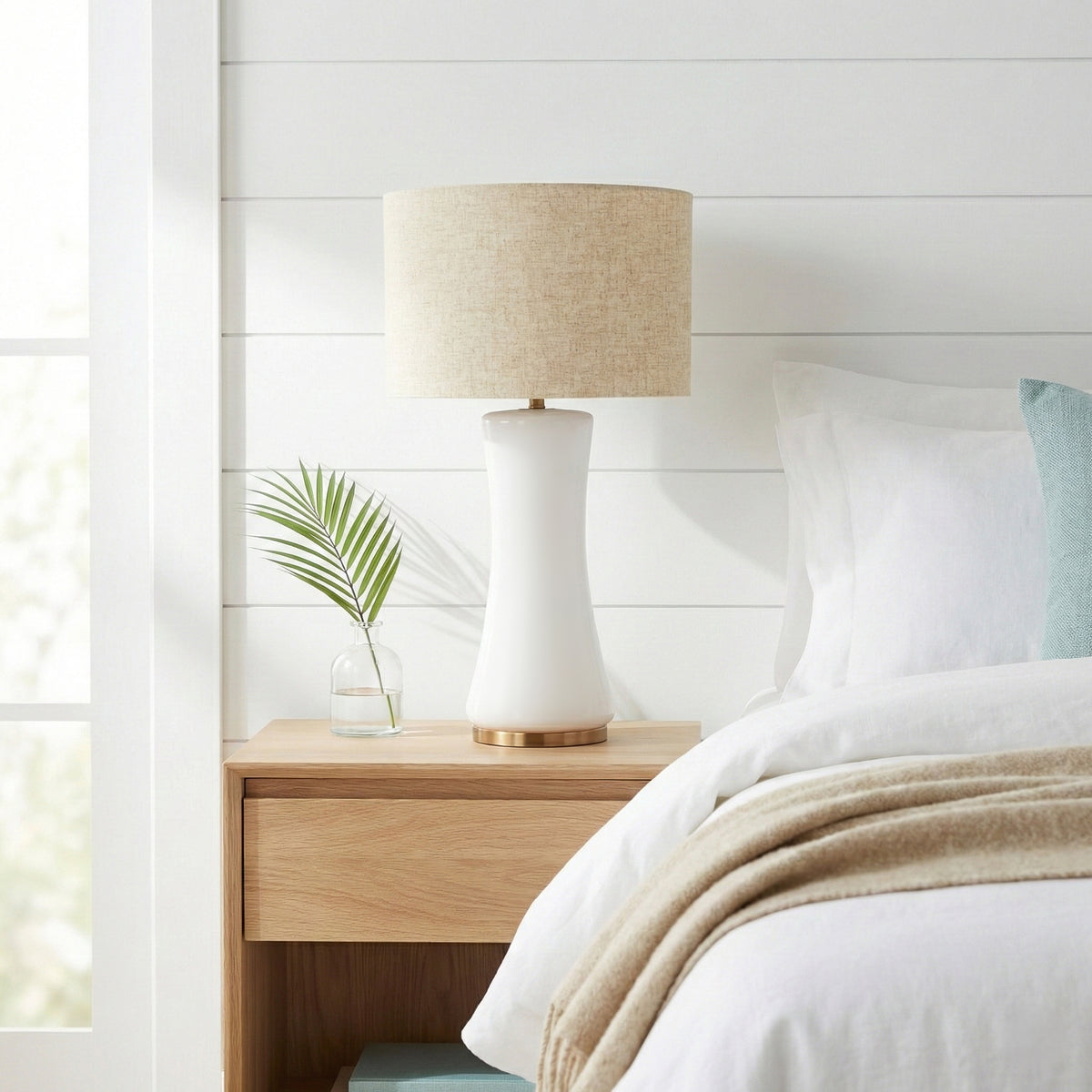 Cascade lamp with beige drum shade, front view