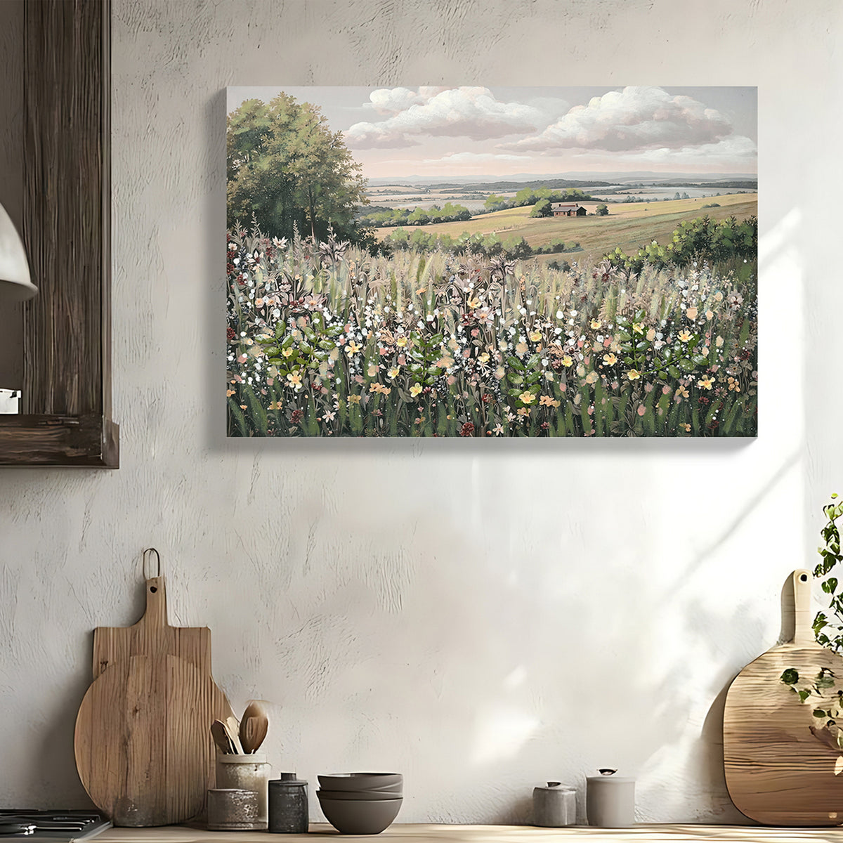 Wildflower meadow canvas art on a plaster wall above a kitchen shelf