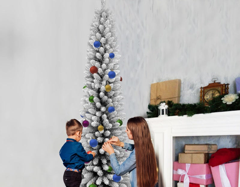 Decorating the slim flocked tree together