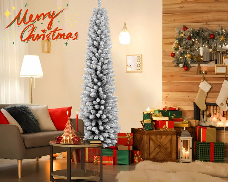 Slim snow flocked pencil Christmas tree in a cozy living room